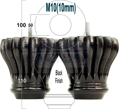 L&F Set Of 4 Replacement Furniture Bun Feet Black Turned Wooden Legs 110mm High M10 (10mm) from B&Q