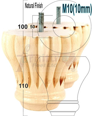 L&F Set Of 4 Replacement Furniture Bun Feet Natural Turned Wooden Legs 110mm High M10 (10mm) from B&Q