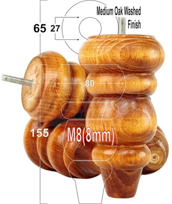 4x Solid Turned Wood Furniture Legs Feet 155mm 8mm Thread: Medium Oak Washed - Image 2