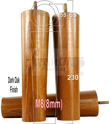 B&Q -  Turned Wood Legs Dark Oak 230mm High Set Of 4 Replacement Furniture Bun Feet Settee Chairs Sofas Footstools M8 Pkc148