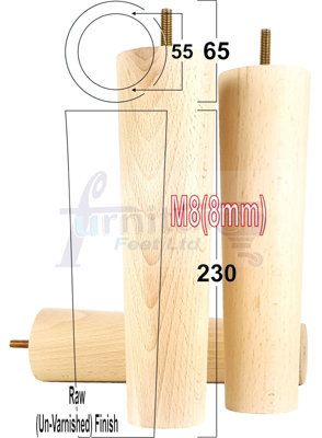 B&Q -  Turned Wood Legs Raw 230mm High Set Of 4 Replacement Furniture Bun Feet Settee Chairs Sofas Footstools M8 Pkc148