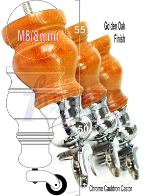 L&F 4X Solid Wooden Feet With Chrome Cauldron Castors Replacement Furniture Legs 145mm High Sofas Chairs Stools M8 from B&Q