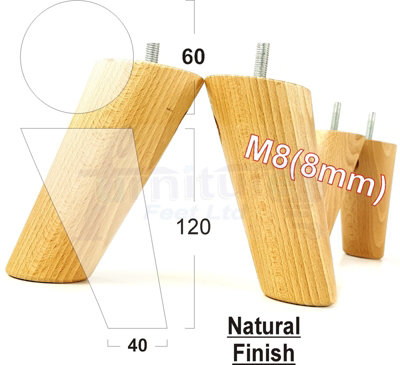 L&F Wood Furniture Feet 120mm High Natural Replacement Furniture Legs Set Of 4 Sofa Chair Stool M8 from B&Q