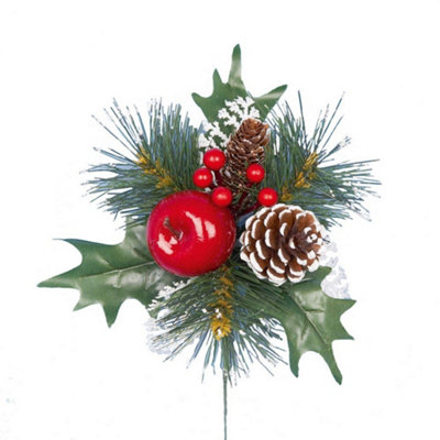  - Premier Frosted Pine Cone & Apple Pick Christmas Decoration Green/red/brown (One Size)