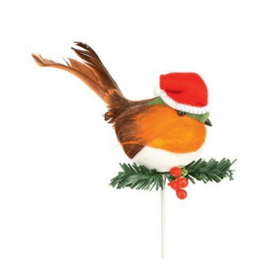 B&Q Red/Orange/Brown Premier Robin With Santa Hat Pick Christmas Decoration (One ) 10Cm