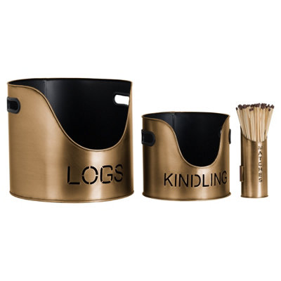 B&Q -  Antique Style Bronze Matchstick Holder With Logs & Kindling Buckets Bronze (One Size)
