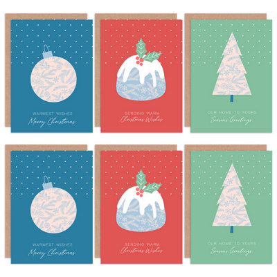 Artery8 Set Of 6 Christmas Cards Patterns Ornament Pudding Tree Blank Greeting Cards