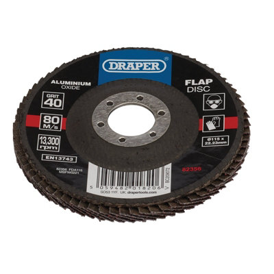 Draper Aluminium Oxide Flap Disc, 115 X 22.23Mm, 40 Grit 82356
