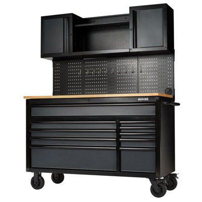 Draper Bunker Roller Workstation With Workbench, 10 Drawer, 56", 08242 Grey