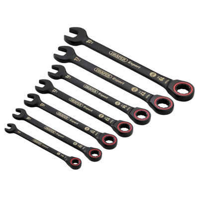 Draper Expert Hi-Torq Metric Ratchet Combination Spanner SetBlack7 PieceChrome Vanadium Steel100-Tooth RatchetStorage from B&Q