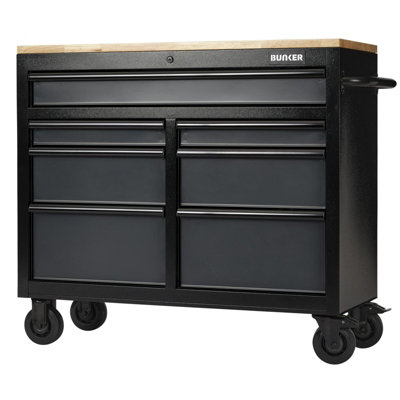 Draper Bunker 41 Inch  Grey 7 Drawer Heavy Duty Workbench Roller Tool Cabinet With Soft Close Drawers And Lockable Castor Wheels from B&Q