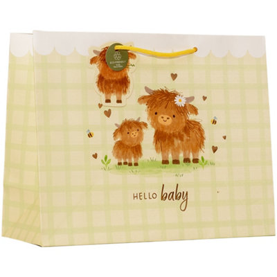 Large Shopper Gift Bag Hello Baby Highland Cow Design With Handles For Baby Gifts Baby Shower Newborn Christening from B&Q