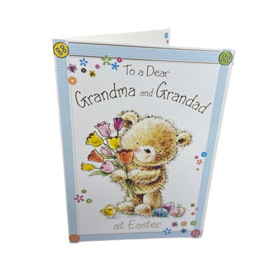 To Dear Grandma And Grandad Cute Teddy Holding Tulip Flowers Design Easter Card from B&Q