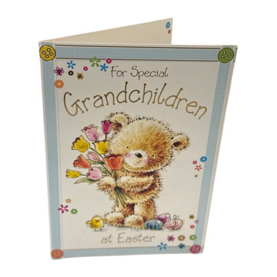 For Special Grandchildren Cute Teddy & Bouquet Design Easter Card from B&Q