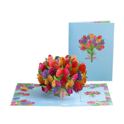 Colorful Tulip Bouquet Blue 3D Pop Up Greeting Card from B&Q