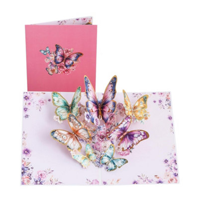 Fluttering Wishes Hot Stamped Pink Butterfly Pop Up Greeting Card from B&Q