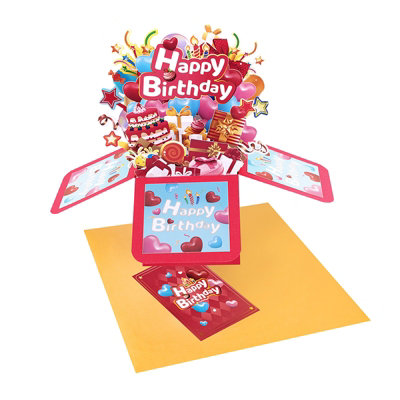 B&Q Red Heart Balloons Bright 3D Pop Up Birthday Box Card Size 3