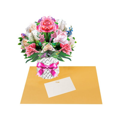 Brightfeel Pink And White Rose Bouquet In Basket Design 3D Pop Up Greeting Card - Multi - Image 3