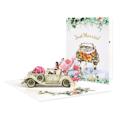 Vintage Car With Bride & Groom Just Married 3D Pop-Up Wedding Card