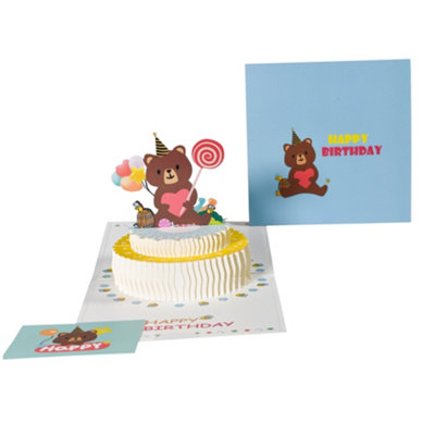 B&Q Cake And Bear Holding Heart Design 3D Pop-Up Birthday Card Size 3