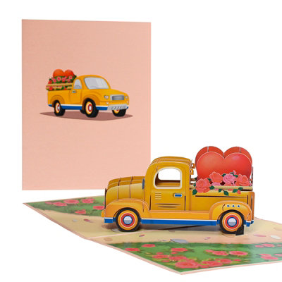 Yellow Vintage Truck with Heart Roses 3D Pop Up Card - Anniversary Valentine's - Image 3