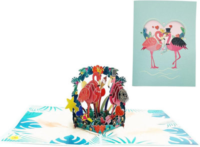  - Flamingo Pair And Tropical Scene 3D Pop-Up Greeting Card