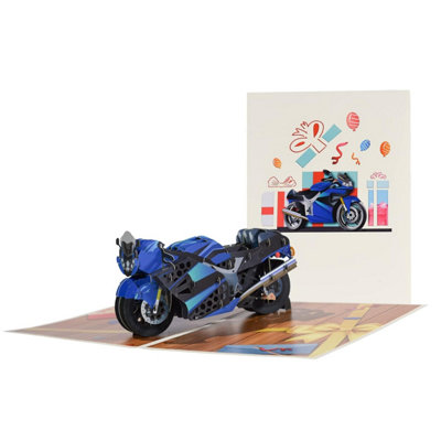 Brightfeel Blue Racing Motorcycle 3D Pop Up Greeting Card - White - Image 3