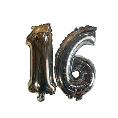 Silver Number 16 Foil Balloons With Ribbon And Straw For Inflating (Bb7519A) from B&Q