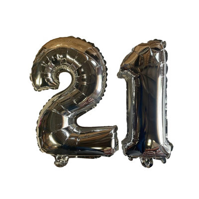 Silver Number 21 Foil Balloons With Ribbon And Straw For Inflating (Bb12516A/01) from B&Q