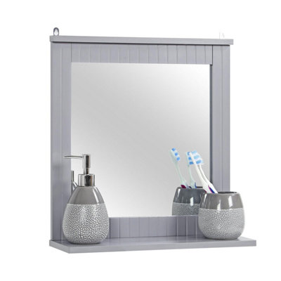 Taylor & Wood Framed Wall-Mounted Bathroom Mirror With Shelf, Hanging Vanity Mirror, For The Living Room And Bathroom, Brown/Grey
