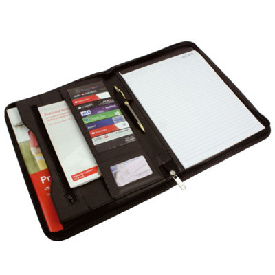 B&Q -  A4 Pu Leather Zipped Conference FolderBusiness Portfolio With 11 Card PocketsPen Holder & Paper Pad