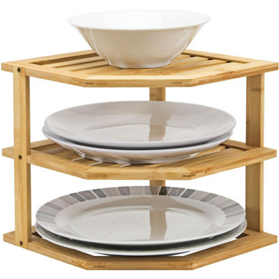 Taylor & Bamboo 3Tier Corner Shelf Organiser Kitchen & Bathroom Cabinet Storage, Plate Rack, Natural Finish Brown