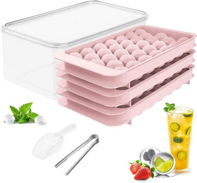 Taylor & Mini Ice Cube Tray Set, 99 Round Ice Ball Maker For Cocktails, Whiskey, Tea, Coffee 3 Trays + Scoop & Tong Brown/Pink