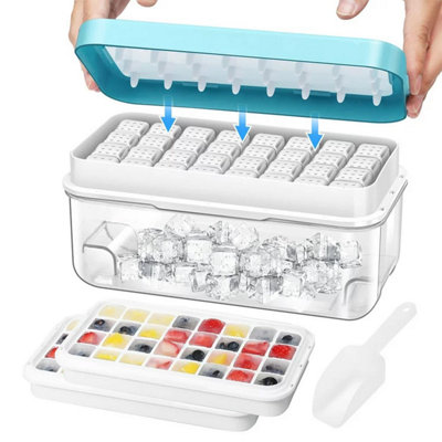 Taylor & Ice Trays With Lid & Bin, 64 Ice Cubes Maker, Easy Release, 2 Trays, Ice Bucket & Scoop For Cocktails, Brown/Blue