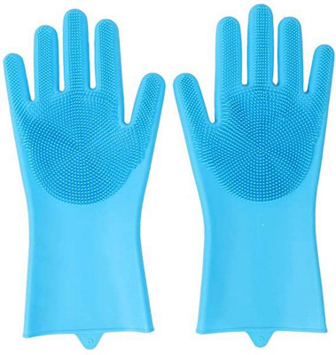 B&Q -  Magic Dishwashing Gloves  Reusable Silicone ScrubberHeat Resistant For KitchenBathroomPet HairCar (Blue)