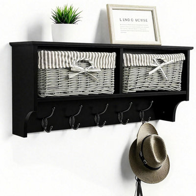 B&Q -  Wall Mounted Coat Hooks And Shelf5 Double Coat Hooks2 Storage BasketsBlack Mdf Wooden Shelf Wall Storage Unit