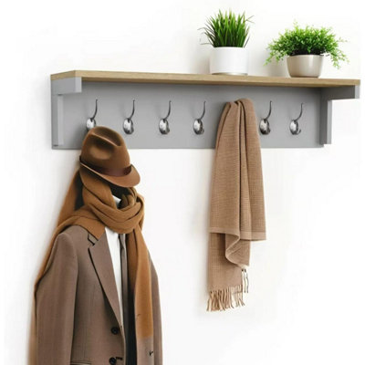 Taylor & Brown 7 Hook Grey Wall Mounted Coat RackWooden Coat Hooks With Shelf And StorageWall Shelf With Hooks Underneath from B&Q