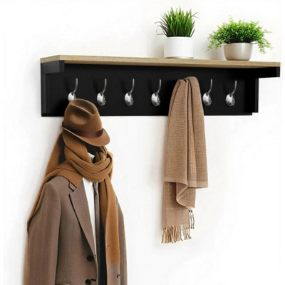 Taylor & Brown 7 Hook Black Wall Mounted Coat RackWooden Coat Hooks With Shelf And StorageWall Shelf With Hooks Underneath from B&Q
