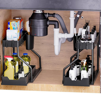 2 Pack Under Sink Storage Organiser 2 Tier Rack Pull Out Drawer Kitchen Black - Image 3