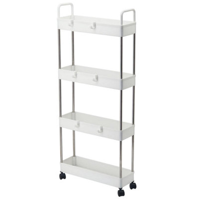 B&Q -  4 Tier Slim Storage CartNarrow Rolling Trolley On WheelsThin Bathroom Storage Unit With Mesh Shelves (White)