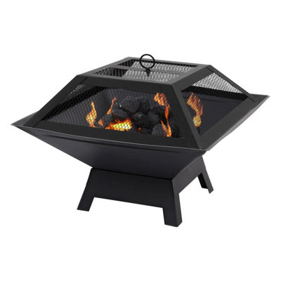 B&Q -  Square Fire Pit Bbq Grill HeaterBlack Metal BrazierPortable Outdoor Patio Firepit With Mesh Cover