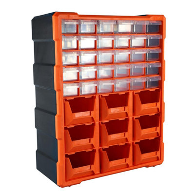 B&Q -  39 Drawer Organiser Plastic Storage Cabinet For Diy ToolsScrewsSmall PartsCraftOffice UseBlack/orange