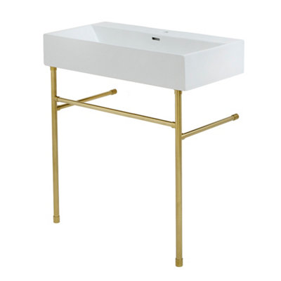 Homestylestore White Ceramic Bathroom Basin Sink With One Tap Hole And Brushed Brass Washstand 1000 X 420mm from B&Q