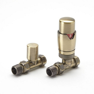 Homestylestore Brushed Gold Thermostatic Straight Heated Towel Rail Radiator Valve Trv And Lockshield from B&Q