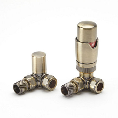 Homestylestore Brushed Gold Thermostatic Corner Heated Towel Rail Radiator Valve Trv And Lockshield from B&Q