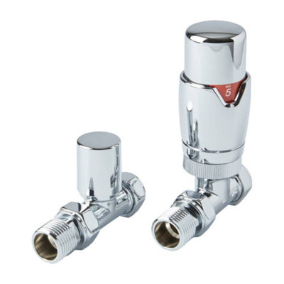 Homestylestore Chrome Thermostatic Straight Heated Towel Rail Radiator Valve Trv And Lockshield from B&Q