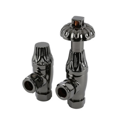 Homestylestore Black Nickel Antique Style Thermostatic Angled Radiator Valves from B&Q