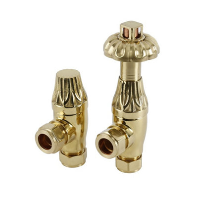 Homestylestore Polished Brass Antique Style Thermostatic Angled Radiator Valves from B&Q
