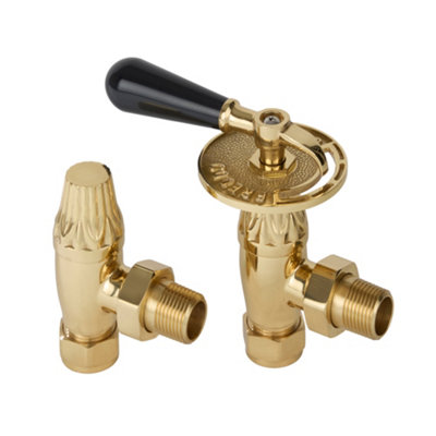 Homestylestore Polished Brass Angled Thermostatic Heated Towel Rail Radiator Valves from B&Q