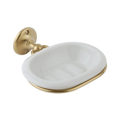 Homestylestore Wall Mounted White Ceramic Soap Dish And Brushed Brass Holder from B&Q